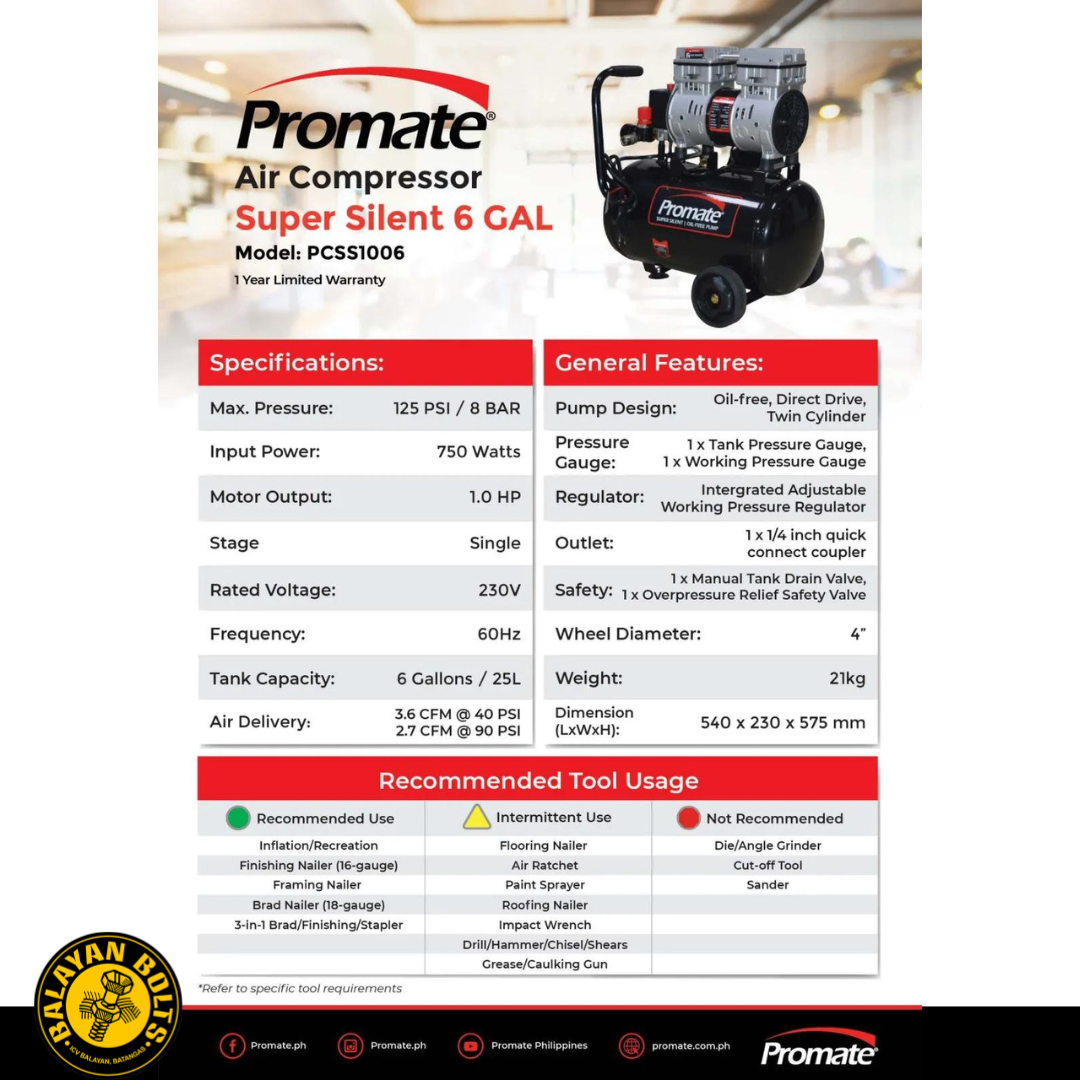 Promate Super Silent 6 Gal Air Compressor