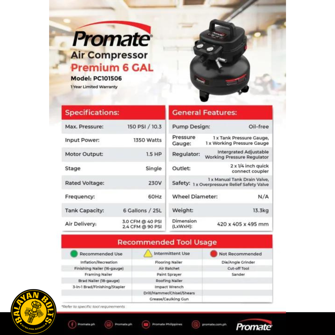 Promate Premium 6-Gallon Oilless Air Compressor